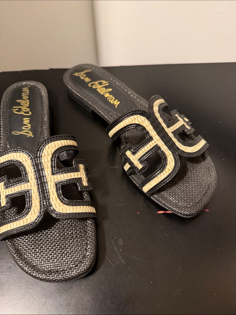Sam Edelman Black and Natural Braided Logo Slide Sandals